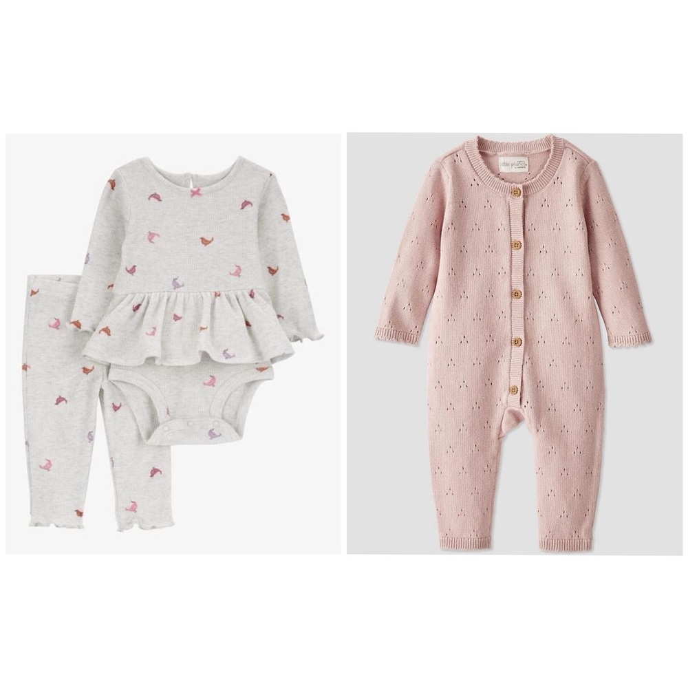 NWT Carter’s Bird Peplum Bodysuit/Pant Set & Sweater Pointelle Jumpsuit/ Size 9M